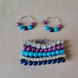 Blue, Purple, Silver, and Faux Diamond Bracelet and Earrings Set.